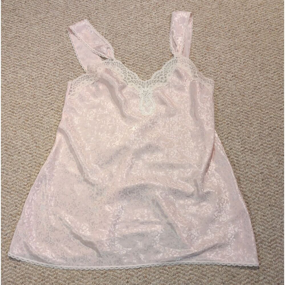 Vintage Lucie Ann II Satin Chemise Dress L Pink Floral Jacquard Babydoll Lace